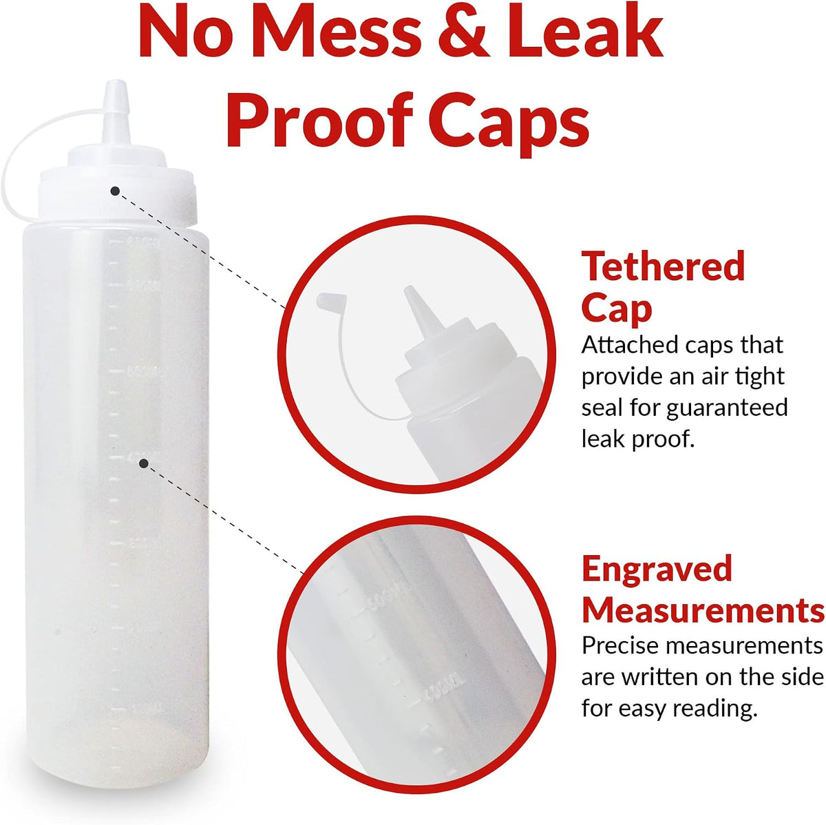 Plastic Squeeze Bottles, 24 oz. | 10 Pack | Clear w/Tethered Caps
