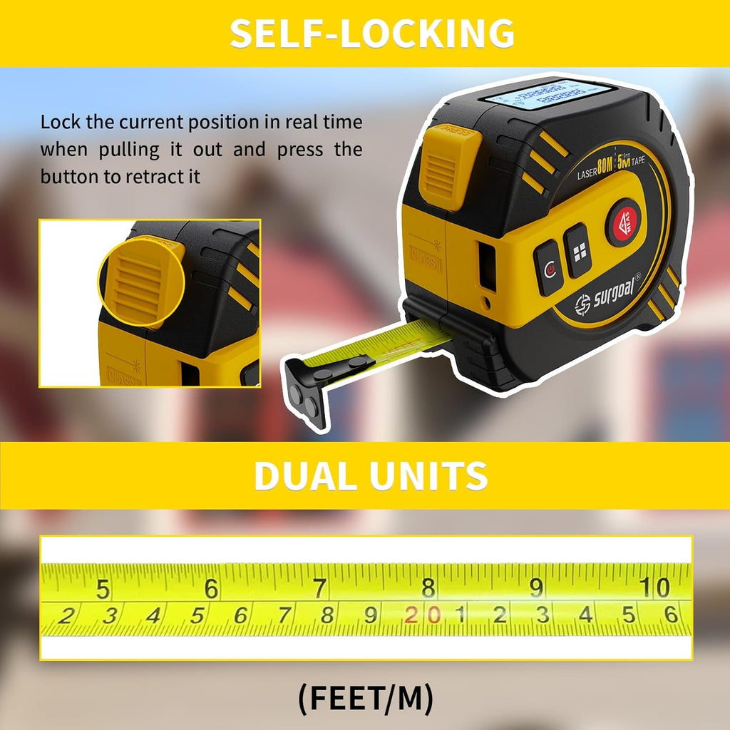 2-in-1 Laser Tape Measure 262ft Rechargeable Digital Tape Measure with Laser 16Ft Construction Measuring Tape for