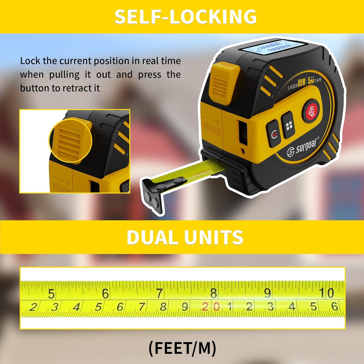 2-in-1 Laser Tape Measure 262ft Rechargeable Digital Tape Measure with Laser 16Ft Construction Measuring Tape for