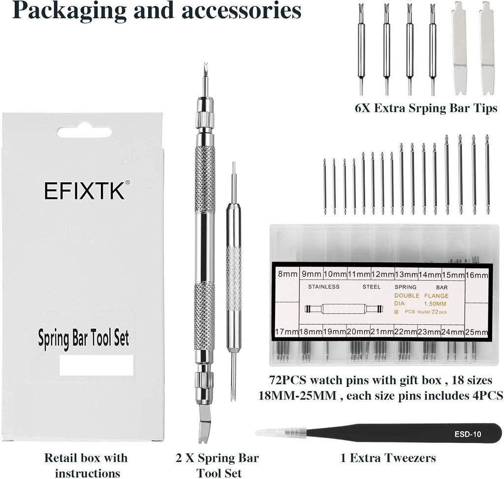 EFIXTK Spring Bar Tool Set with Extra 6 Tips Pins for Watch Wrist Bands Strap Removal Repair Fix Kit,72PCS Extra