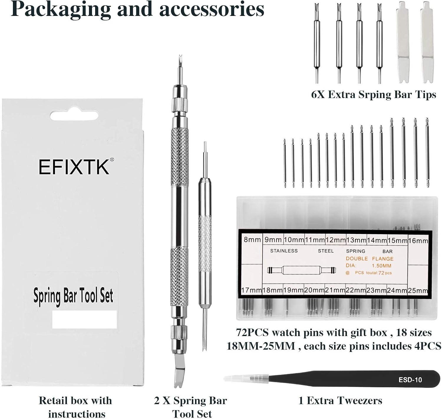EFIXTK Spring Bar Tool Set with Extra 6 Tips Pins for Watch Wrist Bands Strap Removal Repair Fix Kit,72PCS Extra