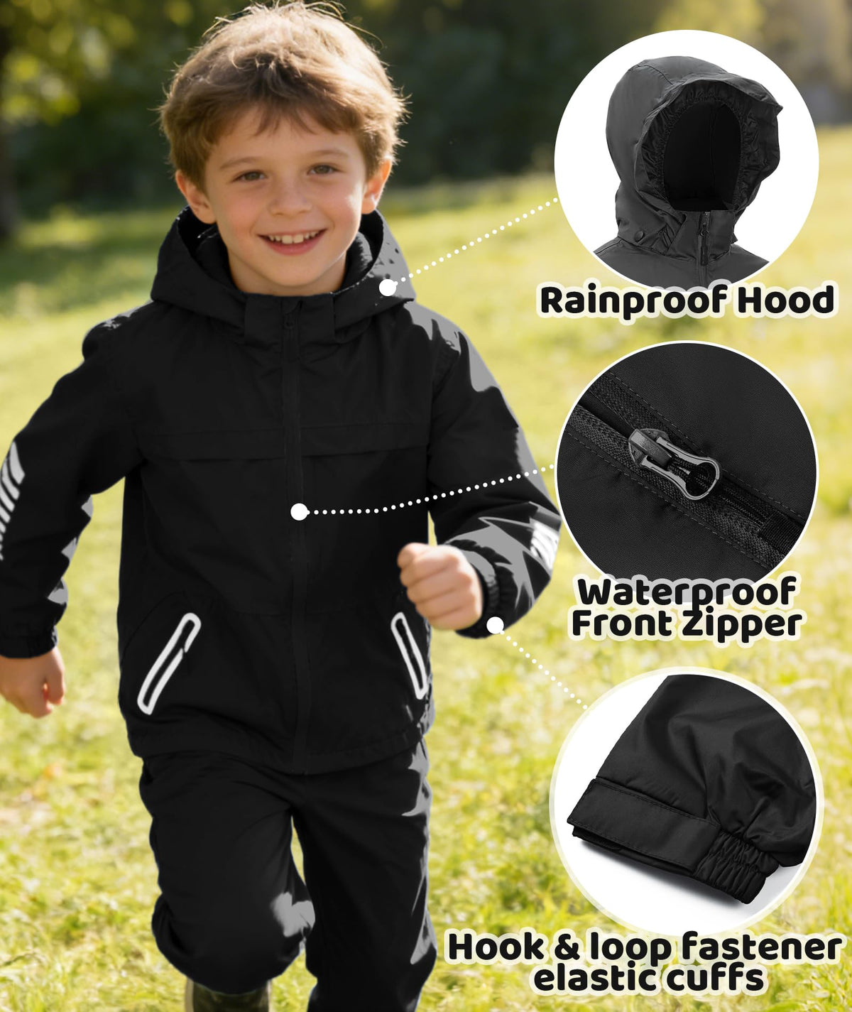 Boys Rain Jacket & Pants Kids Rain Suit Black 10-12 Years