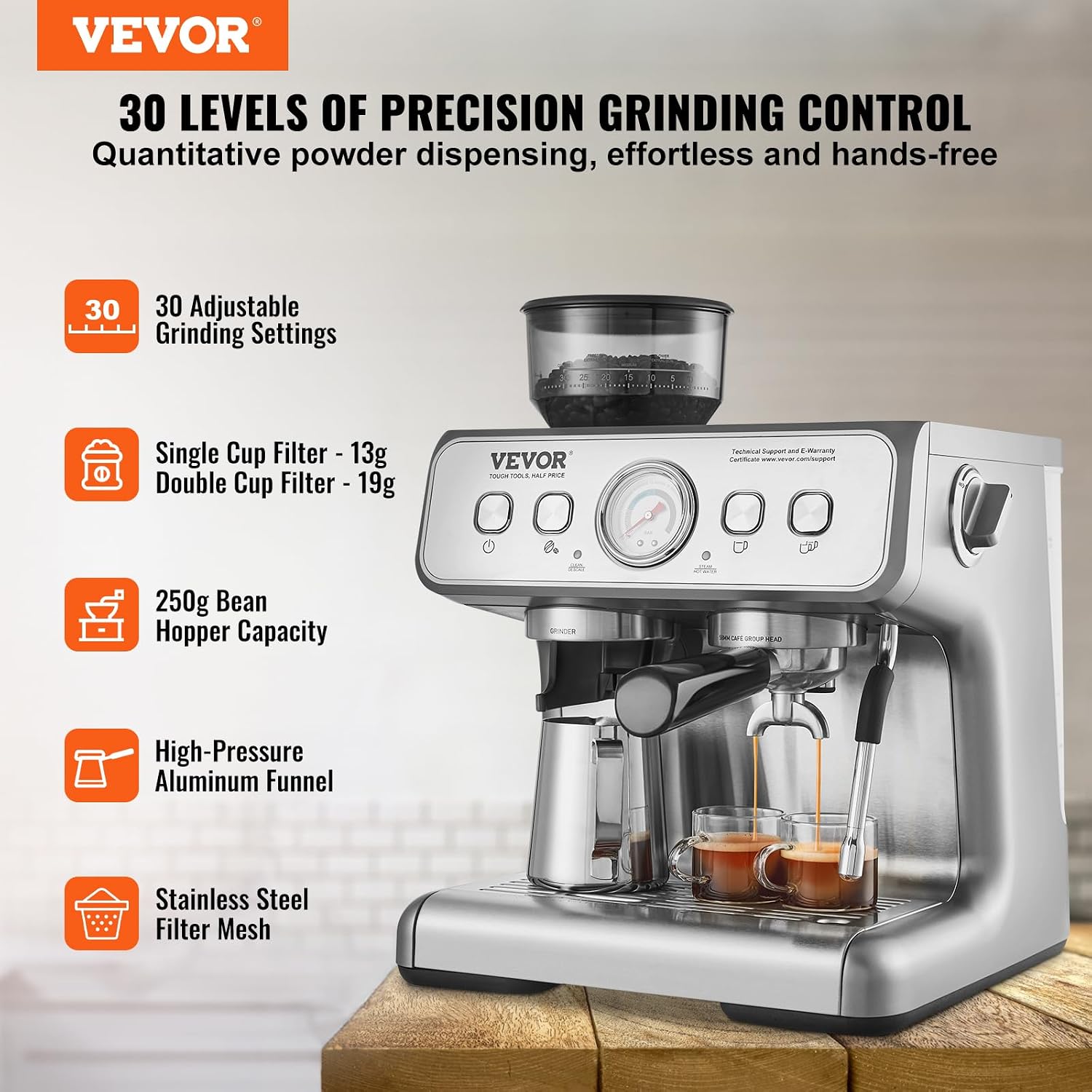 Espresso Machine Built-in Grinder, 15 Bar Semi-Automatic Espresso Coffee Maker with Milk Frother Steam Wand, PID