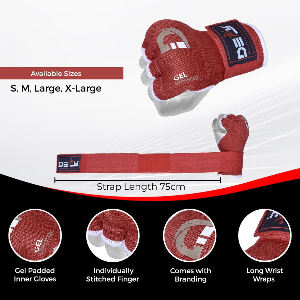 DEFY Padded Inner Gloves Quick 75cm Long Strap – Inner Boxing Gloves Gel Padded Knuckle Protection – Elasticated