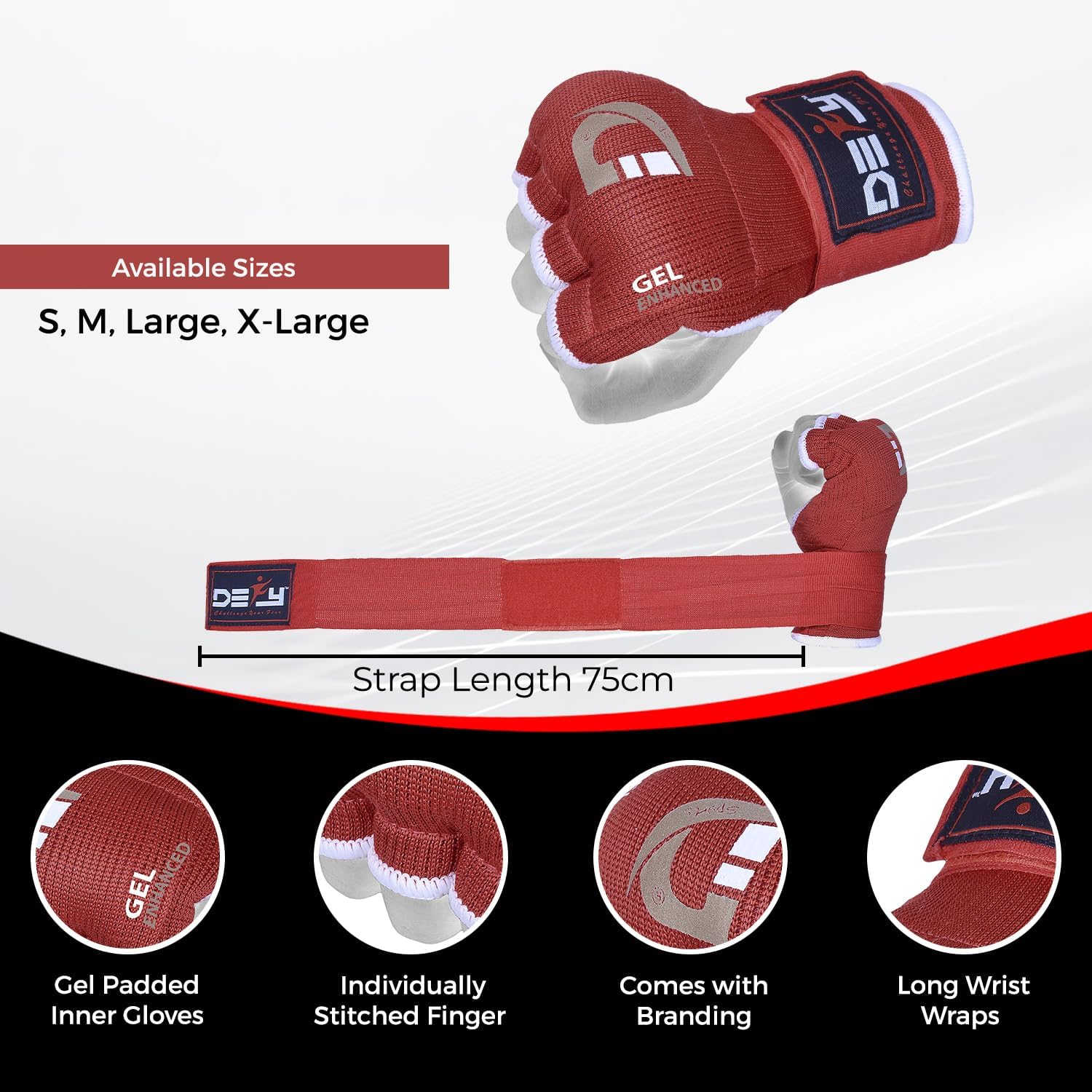 DEFY Padded Inner Gloves Quick 75cm Long Strap – Inner Boxing Gloves Gel Padded Knuckle Protection – Elasticated