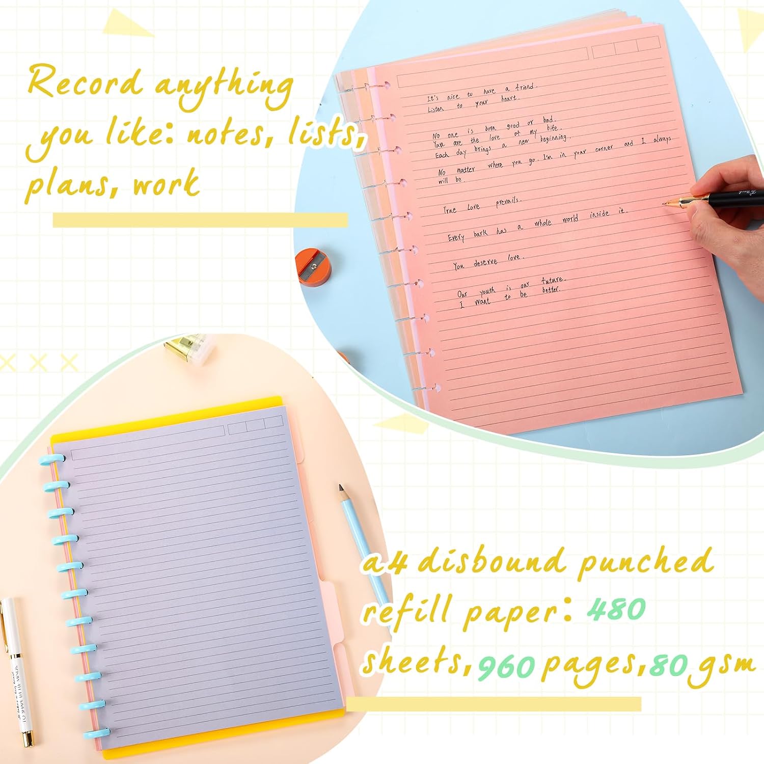 12 Pack 480 Sheets Colored Discbound Refill Paper 8.5 x 11 Inch College Ruled 11 Disc Letter Size Lined Paper