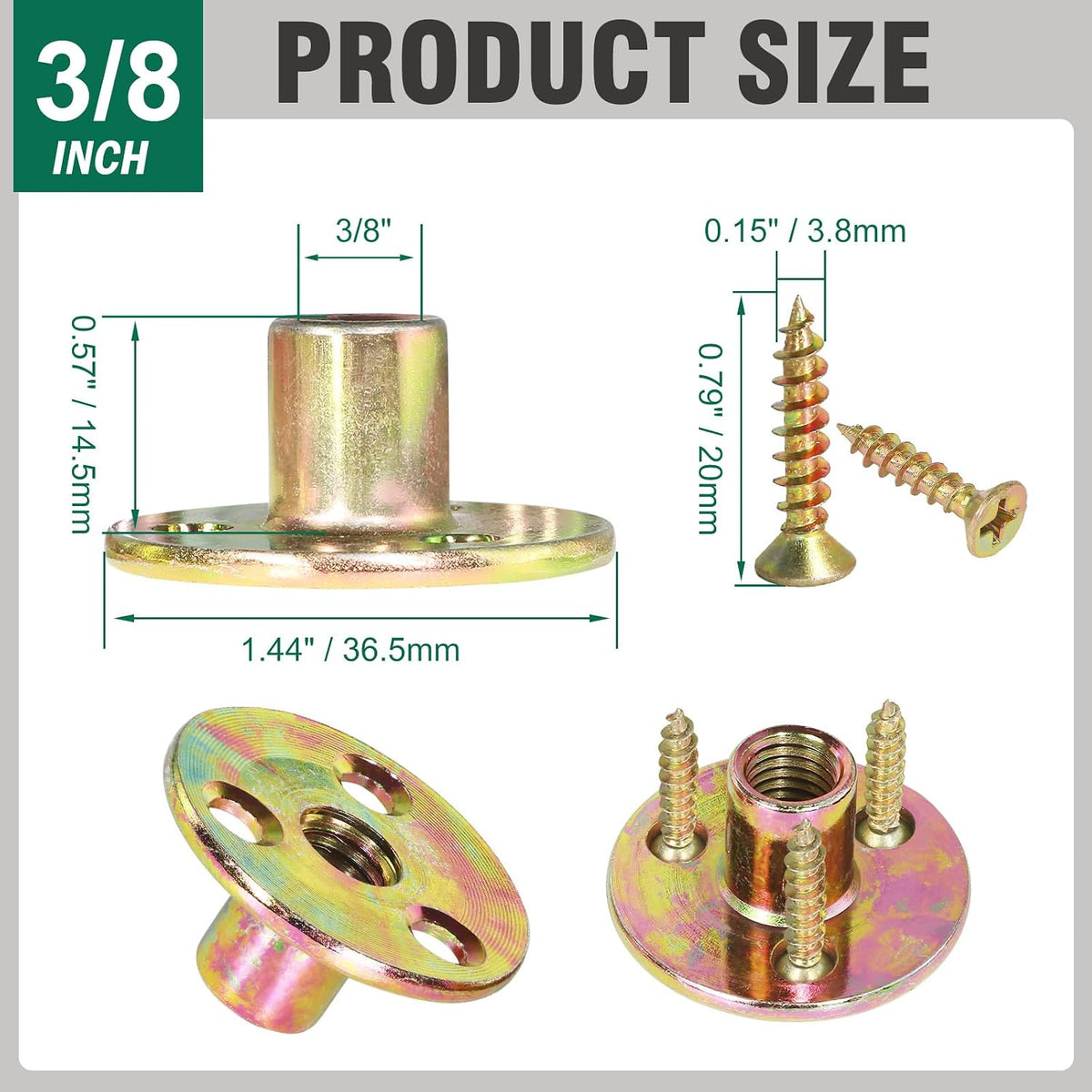 FoDau770 3/8"-16 Brad Hole T-Nut with Screws - 16 Set (64 Pieces)