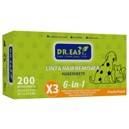 Dr.Easy LINT & HAIR REMOVER Pet HUGESHEETS with 3X ODOR REMOVE Dryer Sheets, Fruits Fresh, 200