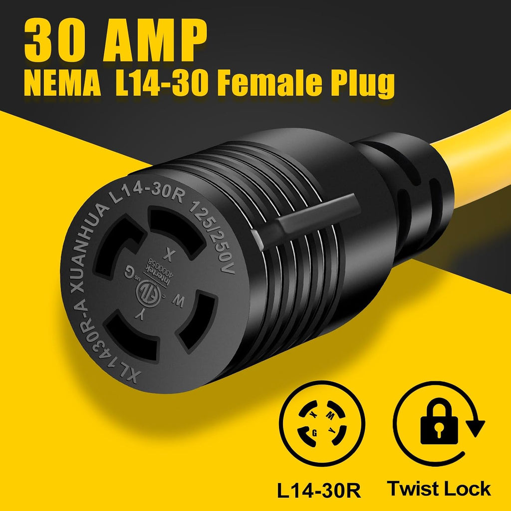 30 AMP Generator Transfer Switch Adapter Cord, Heavy Duty STW 10 Gauge NEMA L5-30P Male to L14-30R Female, 3 Prong to