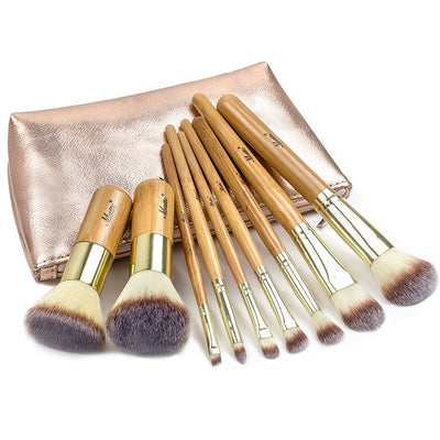 9-Piece Bamboo Makeup Brush Set with Travel Bag for Face and Eye