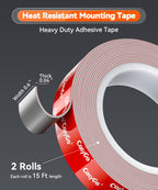 Heavy Duty Permanent Bond Double Sided Tape, Heat Resistant 2-Rolls