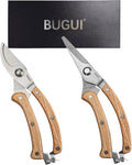 8” Wood Handle Garden Scissors, Set of 2, Includes Bypass Pruning Shears and Long Straight Tip Clippers, Premium