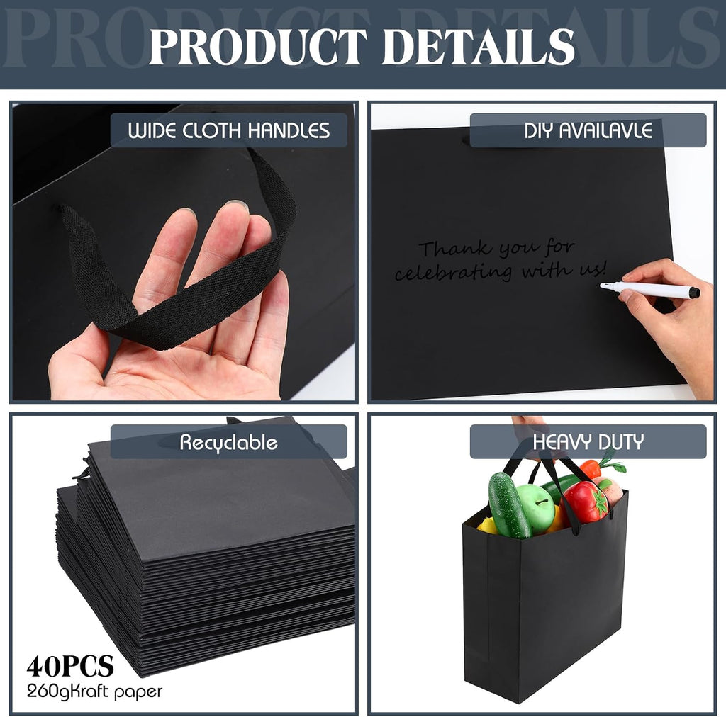 40 Pack Kraft Gift Bags with Handles 4 Sizes,Horizontal,Black