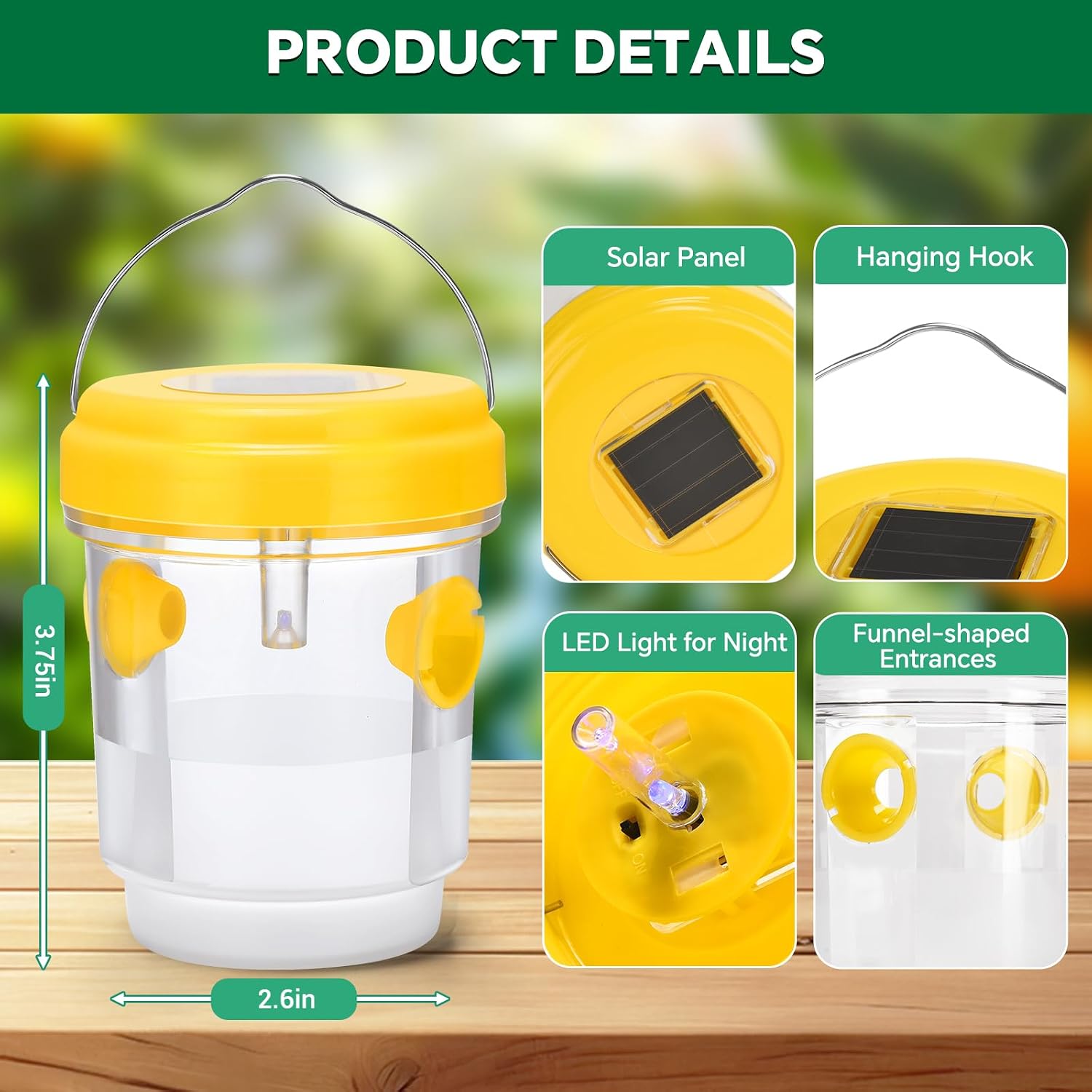 Wasp Trap, Solar Wasp Traps Outdoor Hanging, Reusable Yellow Jacket Hornet Trap with LED Light for Outside Garden