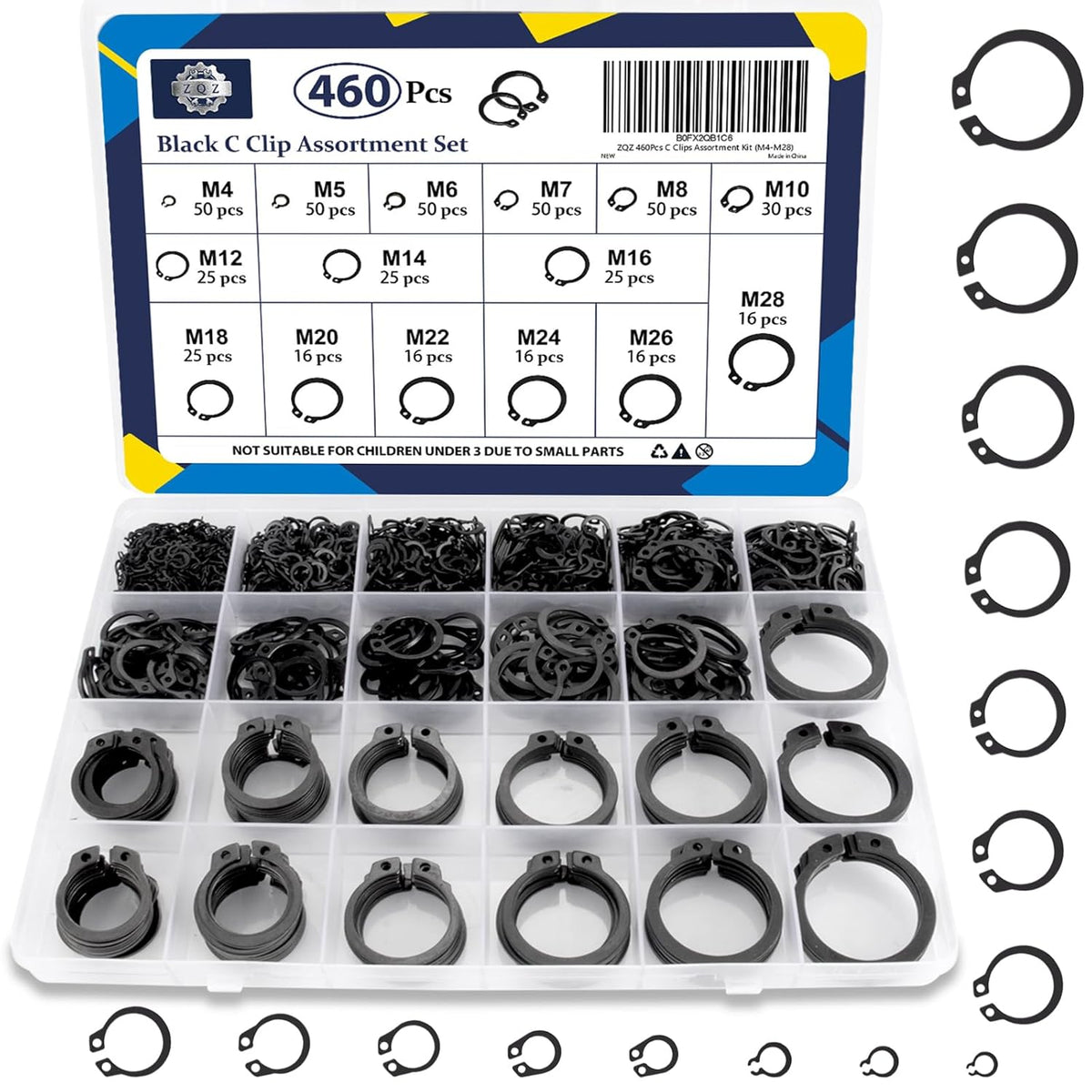 ZQZ C Clips Assortment Kit (M4-M28), 460 Pcs External Retaining Rings Set