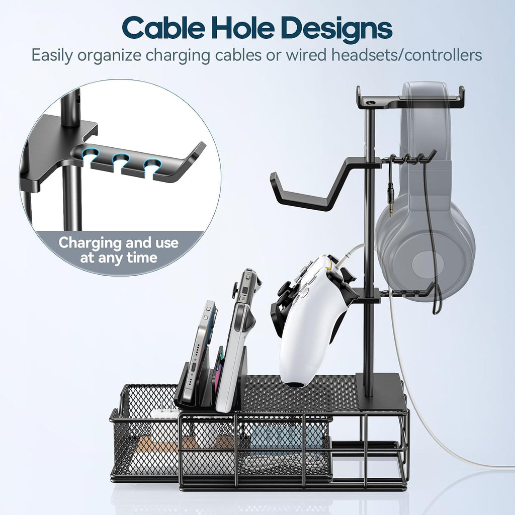 Headphone Stand with Drawer - Headset & Controller Holder for Desk - Aluminum Supporting Bar Earphone Stand with