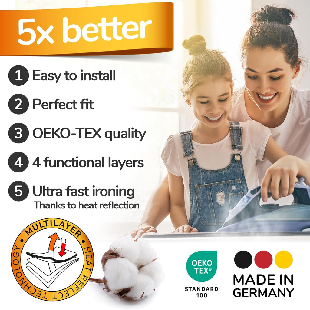 Super Soft Ironing Board Cover and Pad – 50% Faster Ironing with Heat Reflection Technology, Thick Natural Cotton