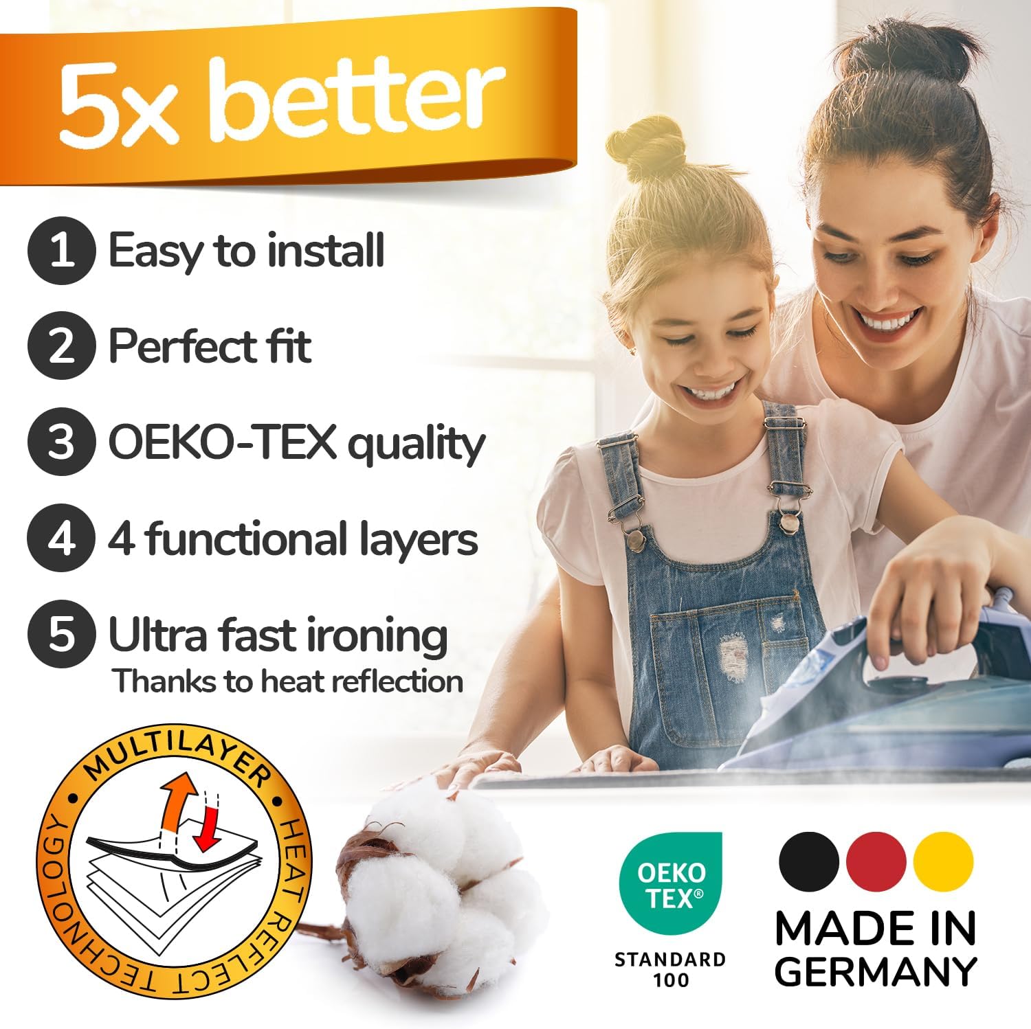 Super Soft Ironing Board Cover and Pad – 50% Faster Ironing with Heat Reflection Technology, Thick Natural Cotton