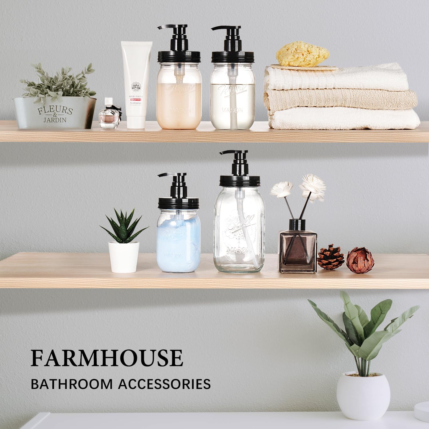 Plastic Mason Jar Soap Dispenser with Pump Lid 16OZ, 2 Pack | Refillable BPA-Free Hand Soap Dispenser Set with Cute