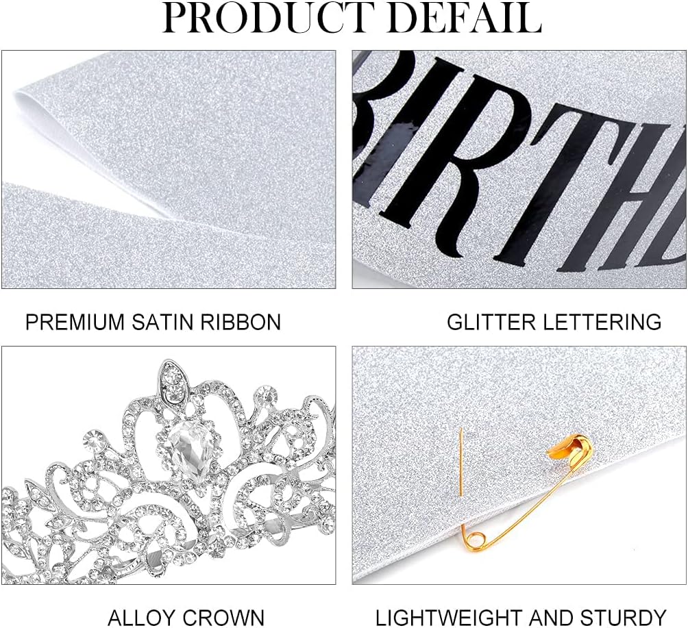 Silver Birthday Queen Sash for Women Tiara Crown Party Decorations | Happy Birthday Crowns for Adult Women, Party