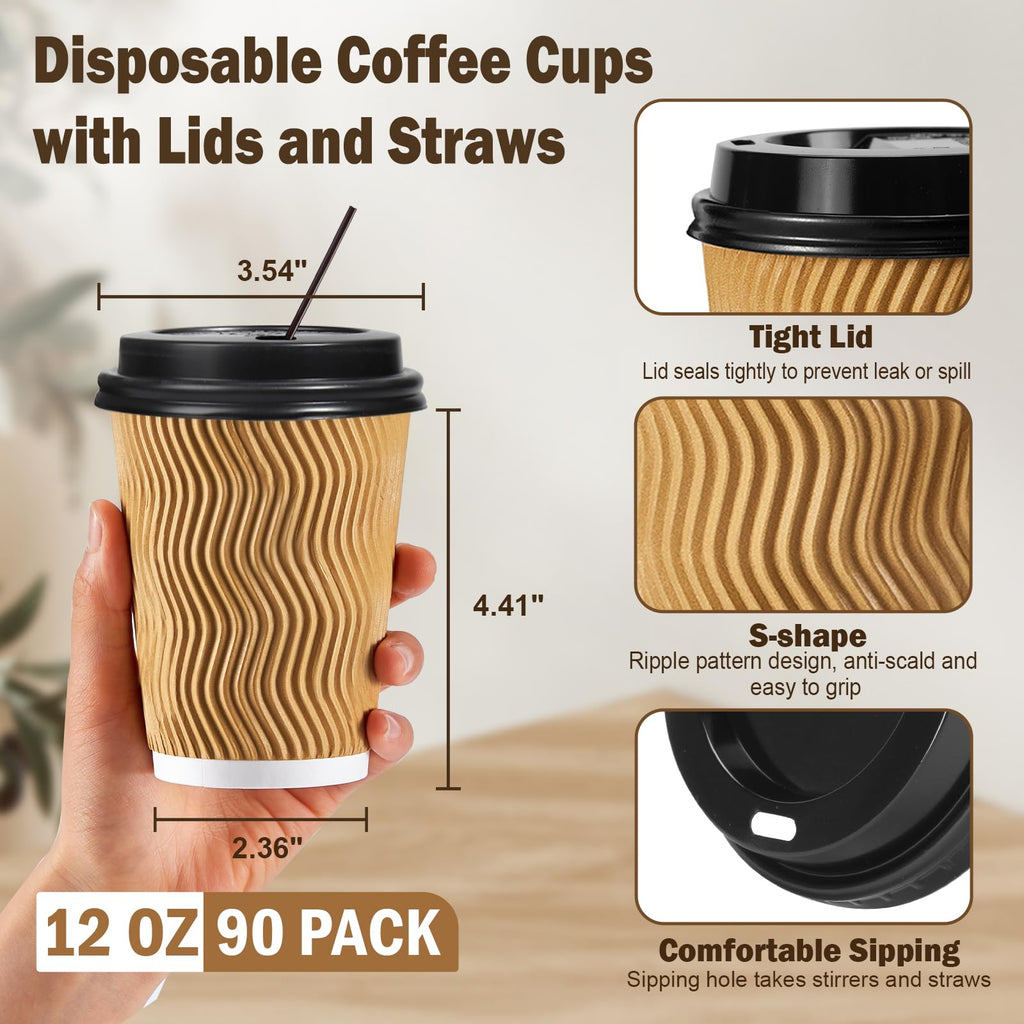 12 oz Coffee Cups-90 Pack Disposable Coffee Cups with Lids and Straws
