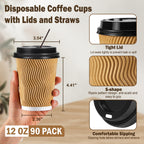 12 oz Coffee Cups-90 Pack Disposable Coffee Cups with Lids and Straws