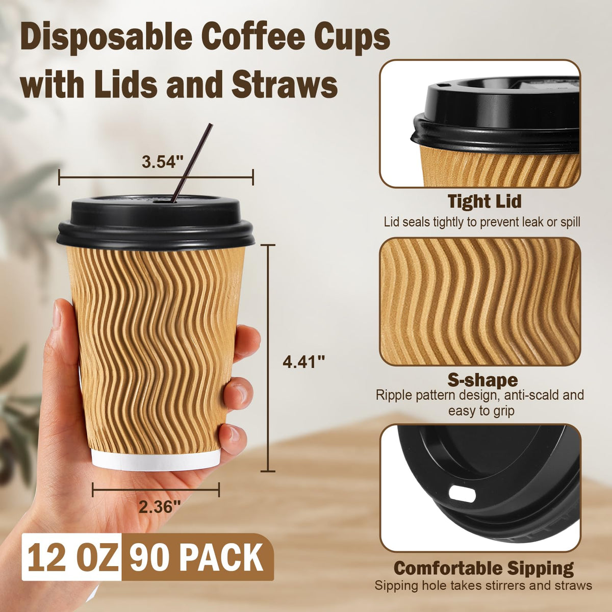 12 oz Coffee Cups-90 Pack Disposable Coffee Cups with Lids and Straws