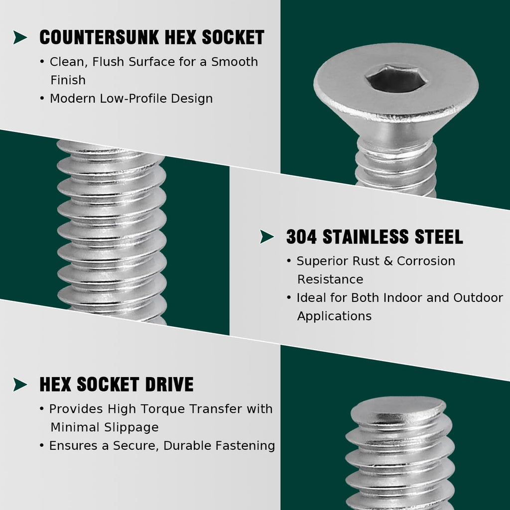 #10-32 x 1/2" Flat Countersunk Head Socket Cap Screws, 304 Stainless Steel 18-8 SS, Full Machine Thread Coverage, Allen Hex Drive, 50 PCS