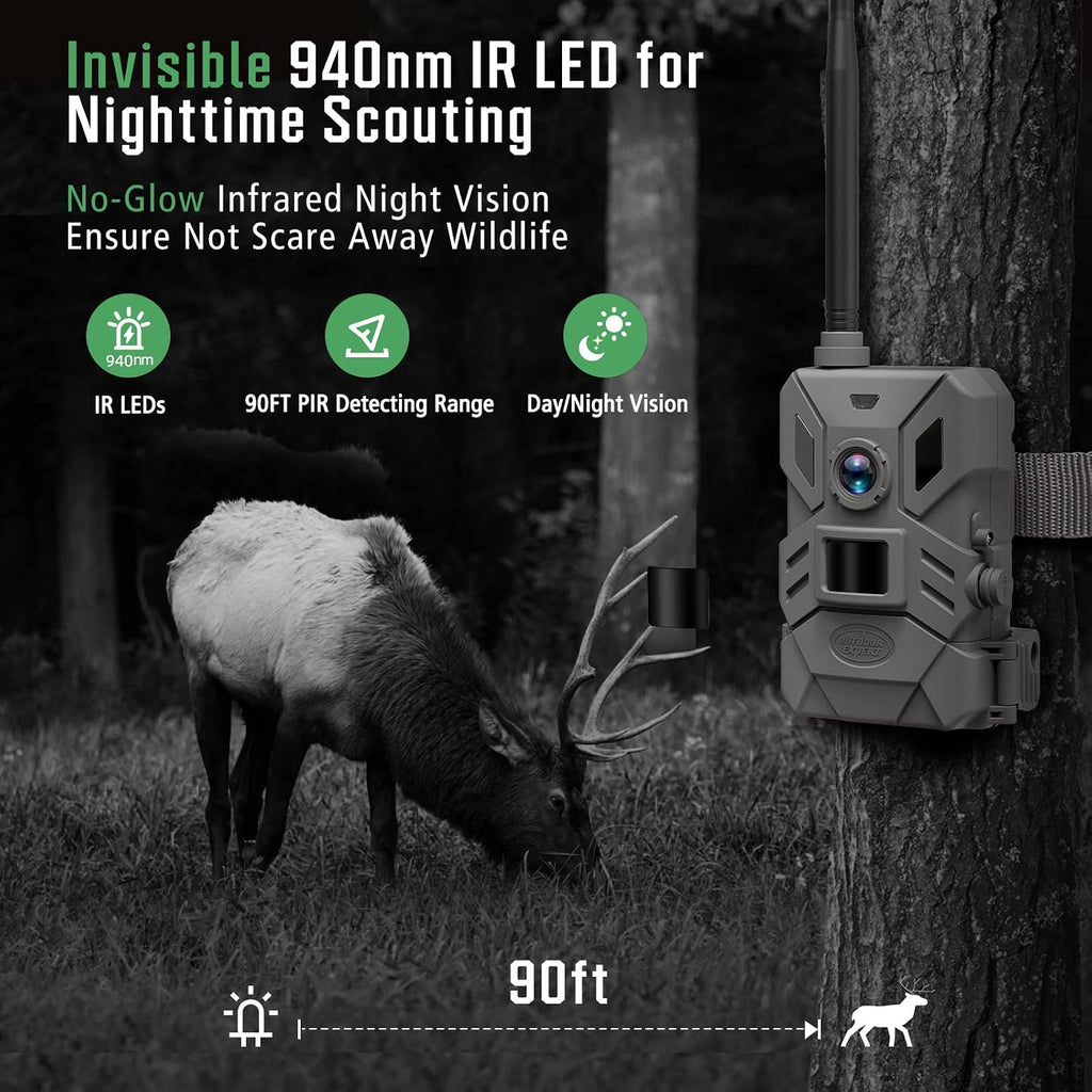 4G Cellular Trail Camera with No Glow 940nmNight Vision,36MP Hunting Camera HD Video IP66 Waterproof Game Cam,90FT