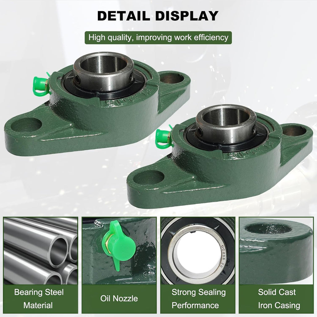 2 Pack UCFL206-20 Pillow Block Bearing – Flange 2 Bolt Mounted Pillow Block Bearings – Bearing Steel Bearings with 1-1/4" Bore - Self-aligning Bearings with Solid Cast Iron Base