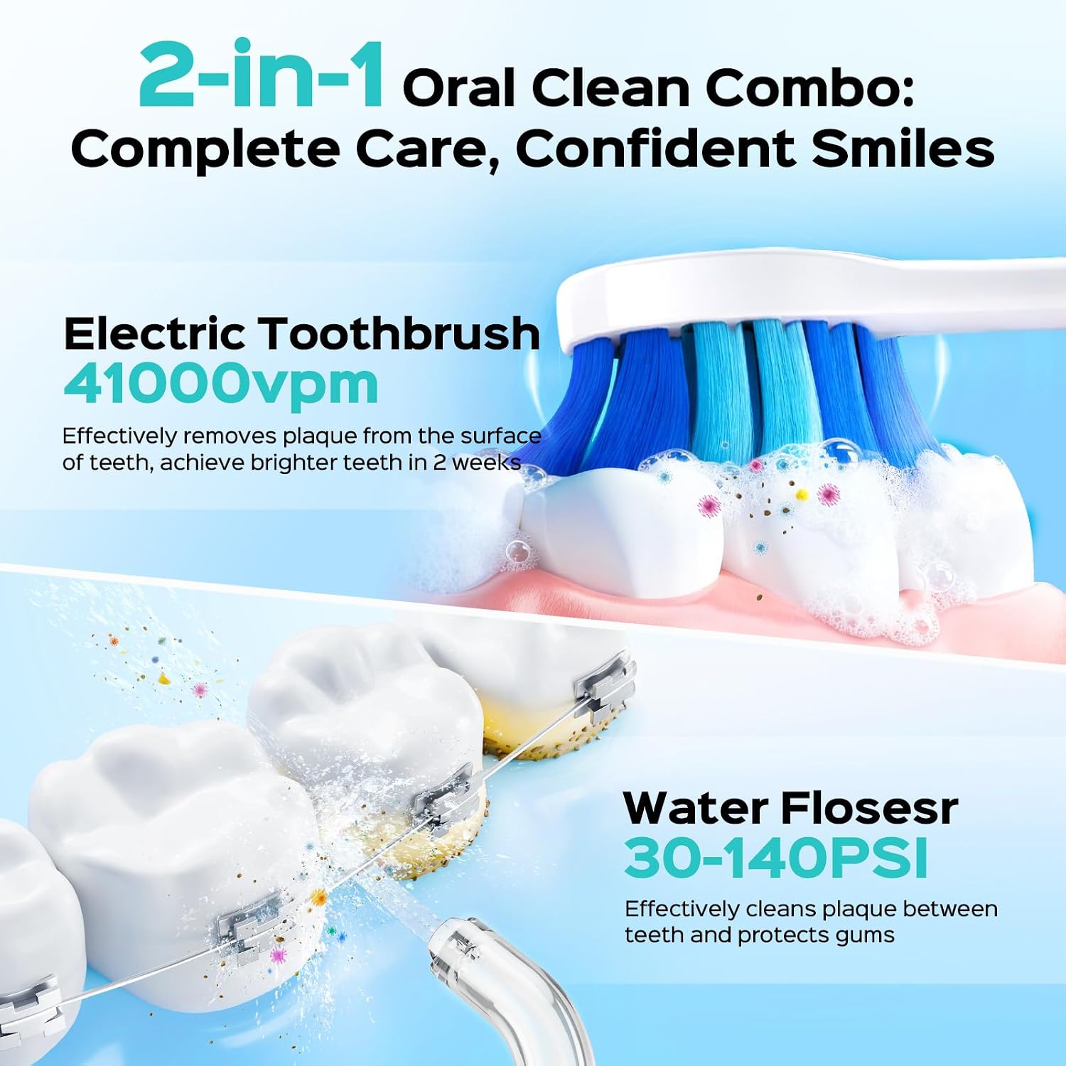 C51C30 Electric Toothbrush with Water Flosser Combo: Portable Oral Clean Kit for Teeth Brushing & Flossing, Multiple