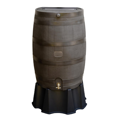 50-Gallon Rain Barrel, Flat Back Rain Water Collection Barrel, Stand Included, Walnut Color