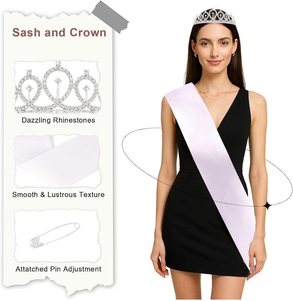 Custom Sash and Tiara Crown Set for Women, DIY Blank White Satin Sash with Rhinestone Iron-On Letter Stickers for