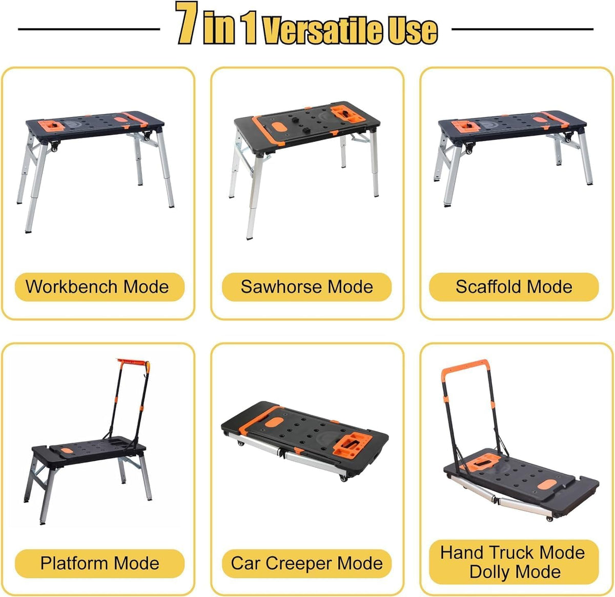 7-in-1 Workbench Folding with Power Outlet and 33ft Long Power Cord Painted Work Table as Workbench
