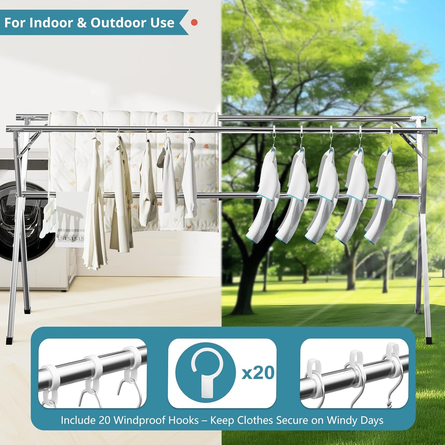 79" Clothes Drying Rack, Drying Rack Clothing Folding Indoor Outdoor | Heavy Duty Stainless Steel Laundry Rack