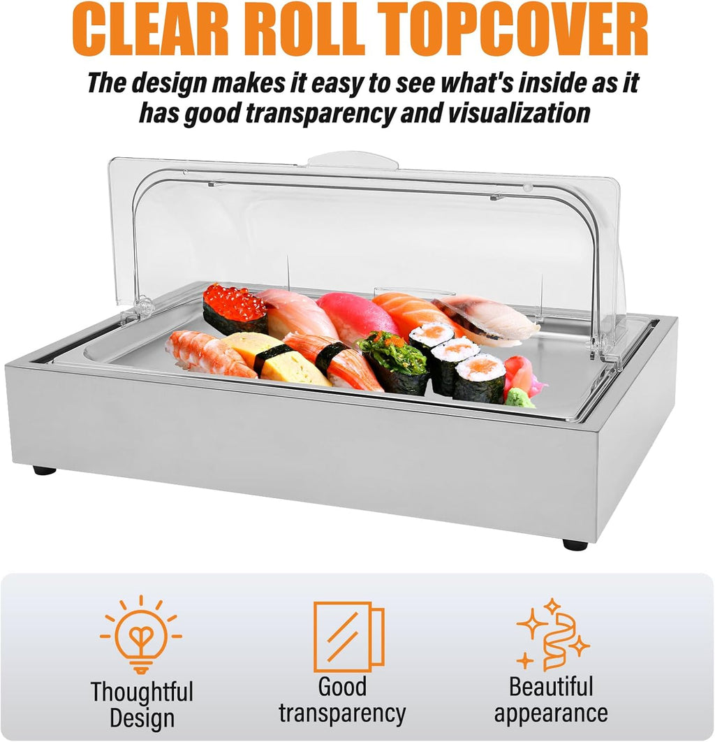 Ice Tray Chafing Dishes for Buffet Stainless Steel Ice Food Serving Display Clear Cold Food Server with Roll Lid
