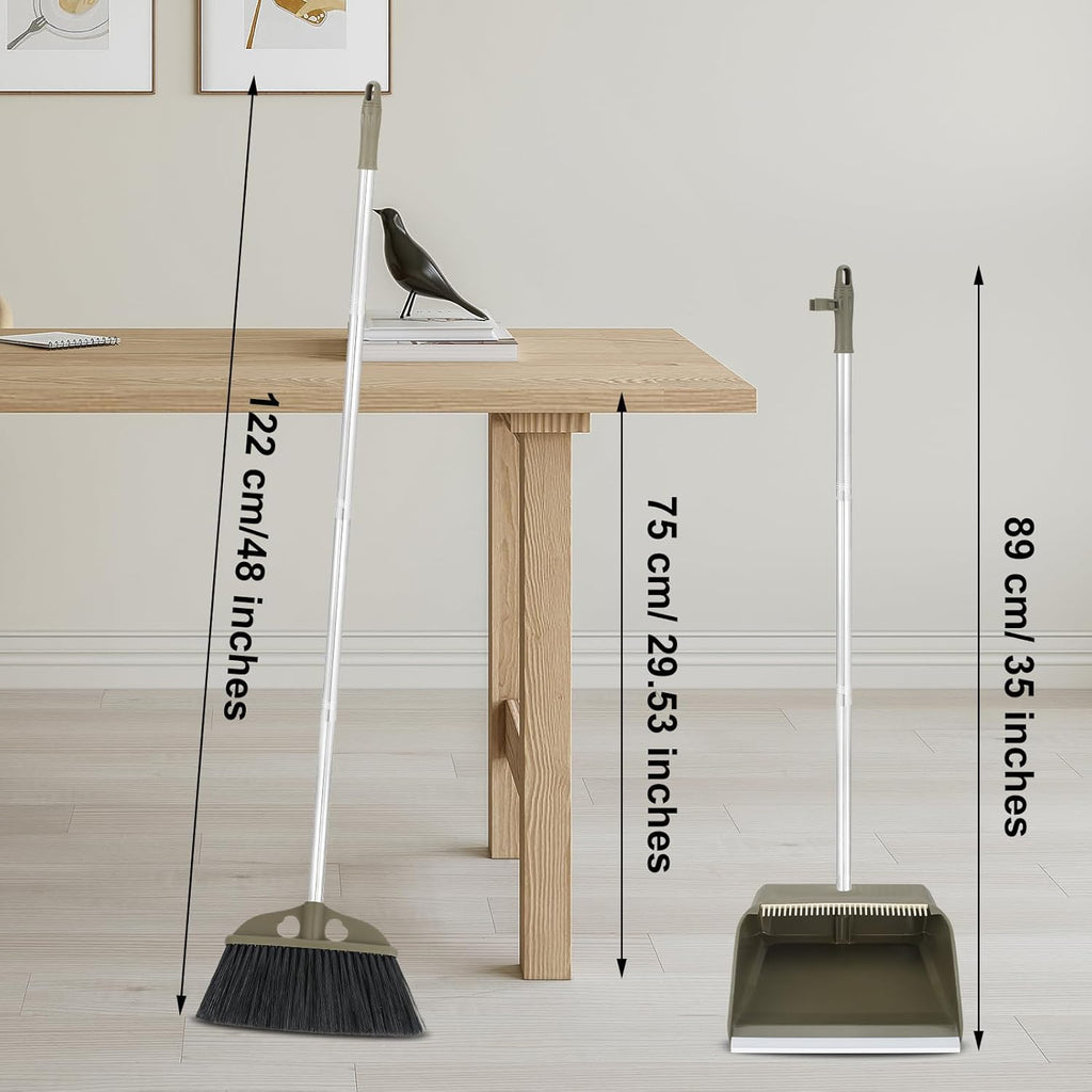 Upgrade Broom with Dustpan Combo Set,48'' Long Handle Stiff Broom Bristles with Heavy Duty Dust Pan,Indoor Outdoor