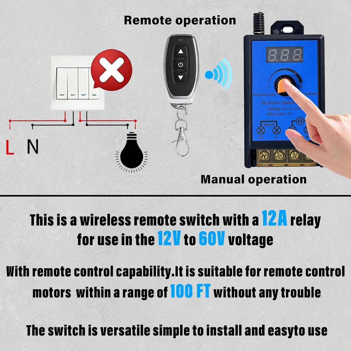 DC 12V-60V 12A PWM Motor Speed Controller w/ 2 Wireless Remotes