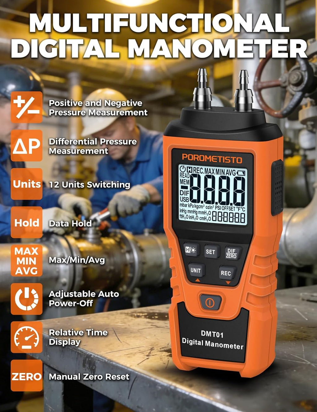 DMT01 Digital Manometer POROMETISTO, Manual Calibration Custom Zero
