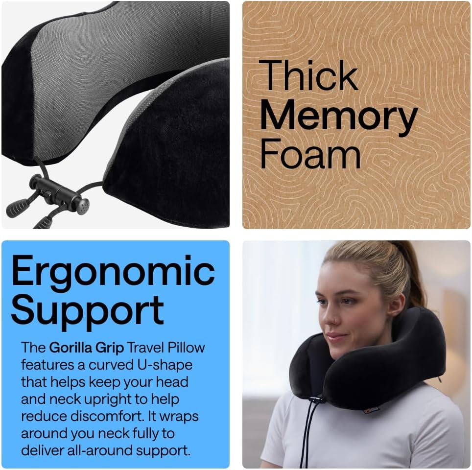 Travel Neck Pillow for Airplanes, CertiPUR-US Memory Foam Cooling Mesh Pillows, Soft Velvet Washable Cover, Support