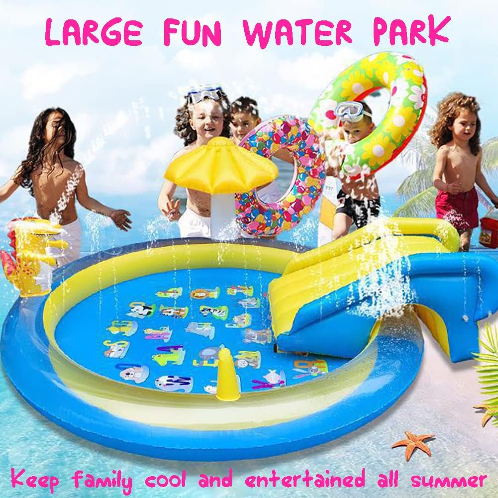 Dinosaur Inflatable Play Center, Kids Round Wading Swimming Pool with Slide, Dinosaur Sprinkle, Mushroom Shade for