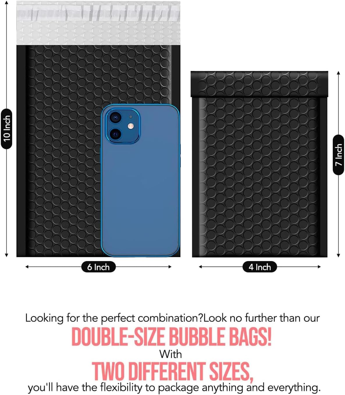 Black Bubble Mailers 4x8 & 6x10 100 Pack, Self Seal Envelopes