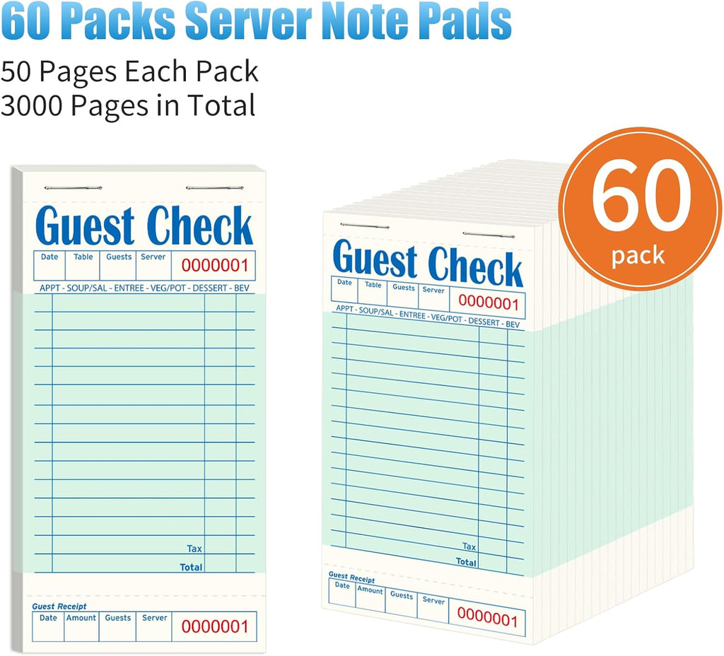 60 Pack/3000 Tickets Guest Checks Books for Servers, Green