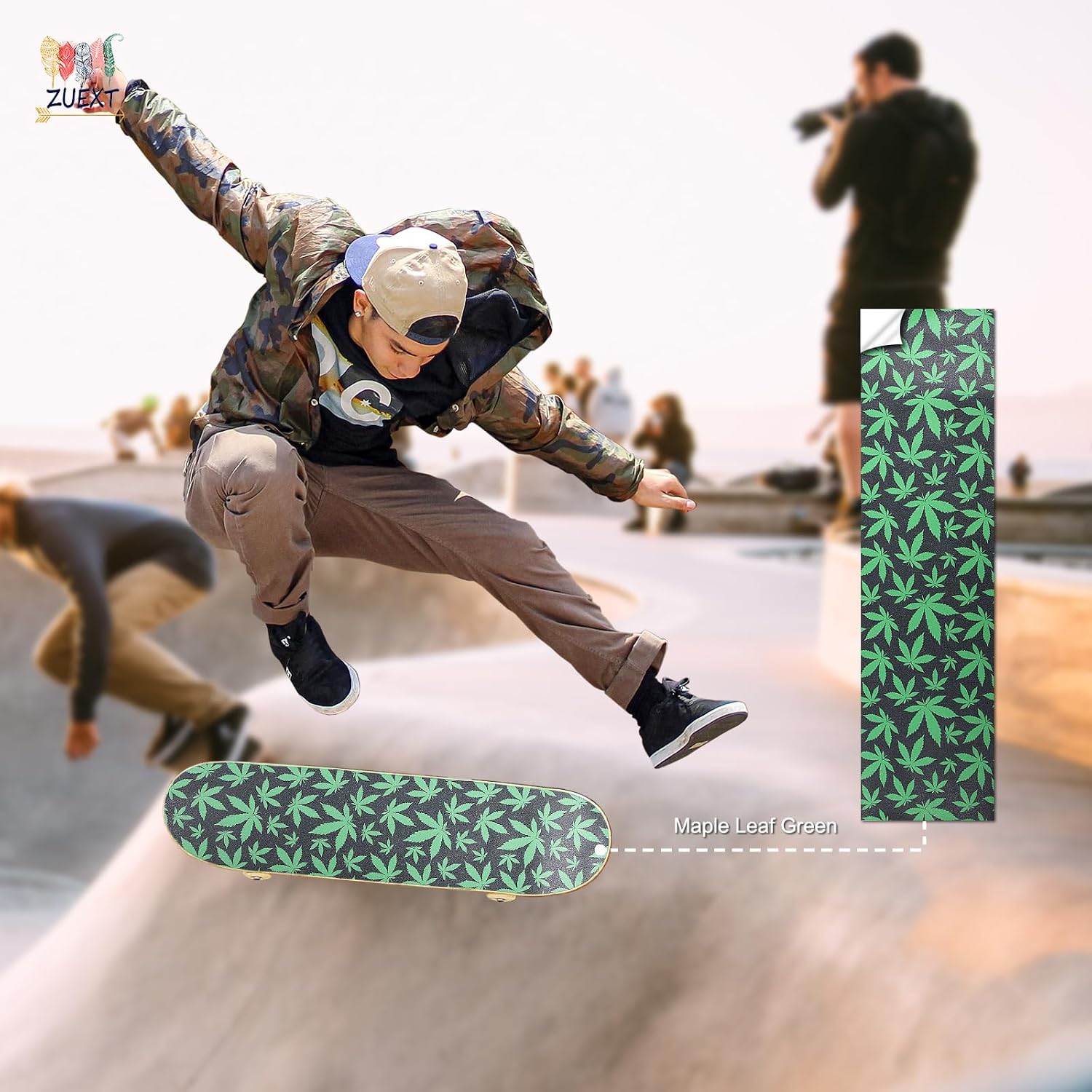 9" x 33" Green Maple Leaf Skateboard Grip Tape 2 Pack (23x84cm) | Bubble Free, Waterproof, Griptape for Scooter