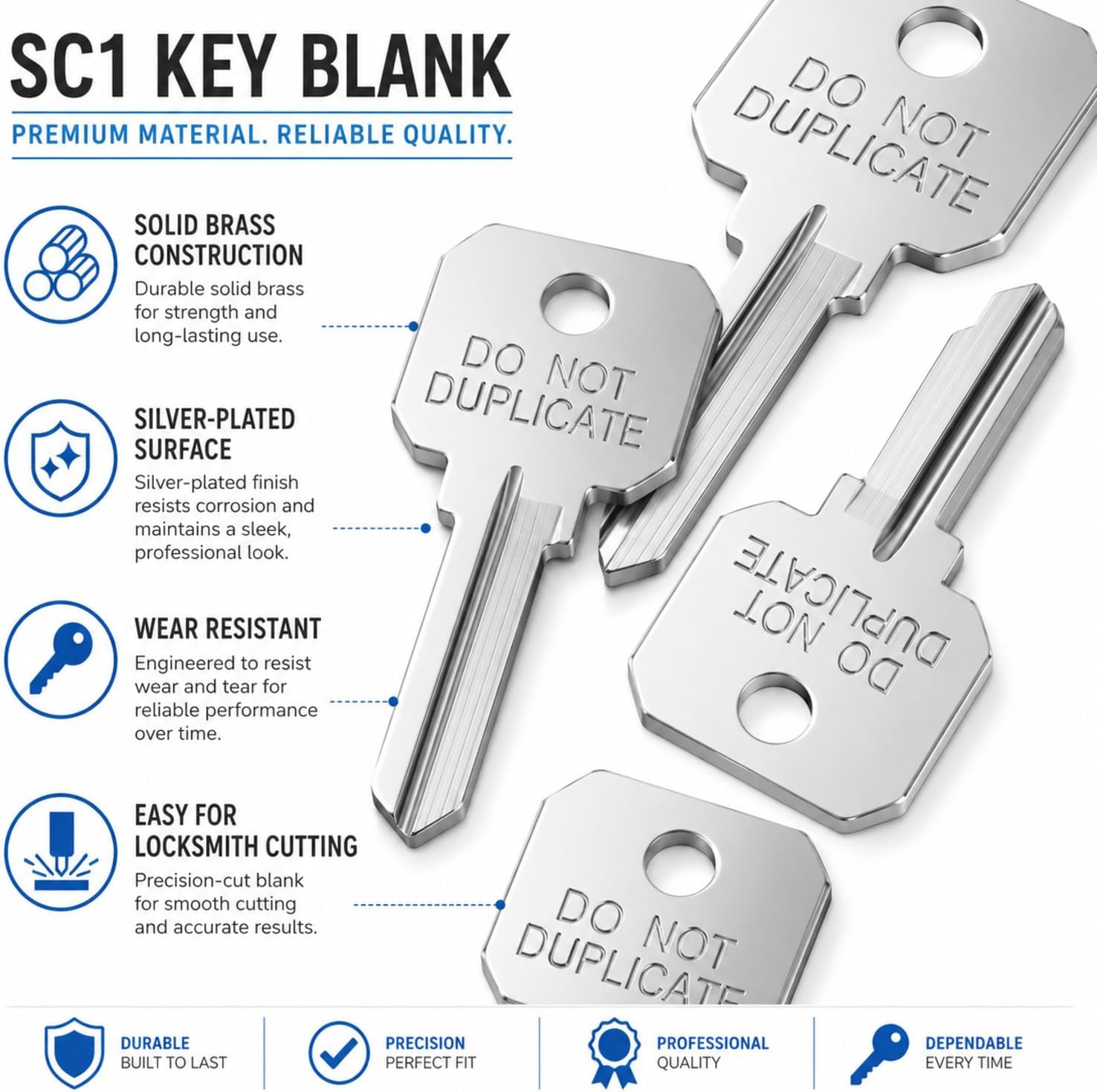 Pack of 50 Brass Key Blanks Uncut Blank Keys, Silver, Sc1 | Copper Do Not Duplicate Keys, Dnd House Key Blanks, for