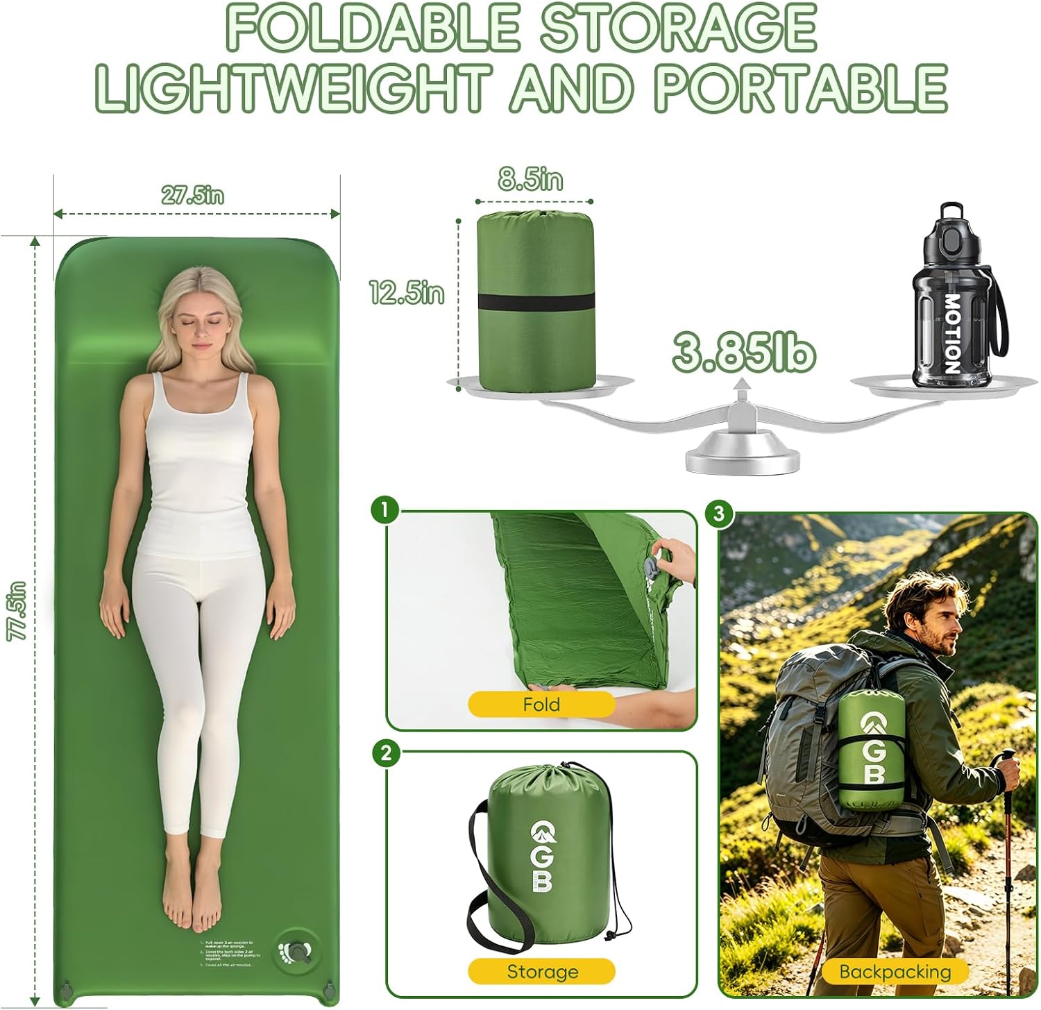 Memory Foam Camping Sleeping Pad, Foldable and Portable Self-Inflating Camping Mattress Pad, 9.5 R-Value Insulated &