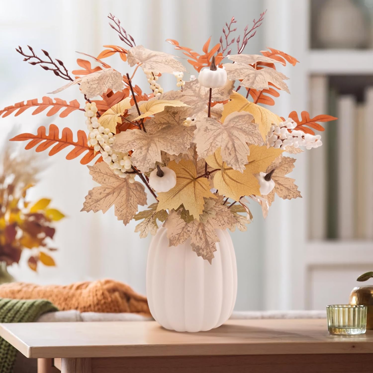Fall Decor - Ceramic Pumpkin Vase with 15 PCS Autumn Maple Leaf Pumpkin Berry Stems - Table Centerpieces Thanksgiving