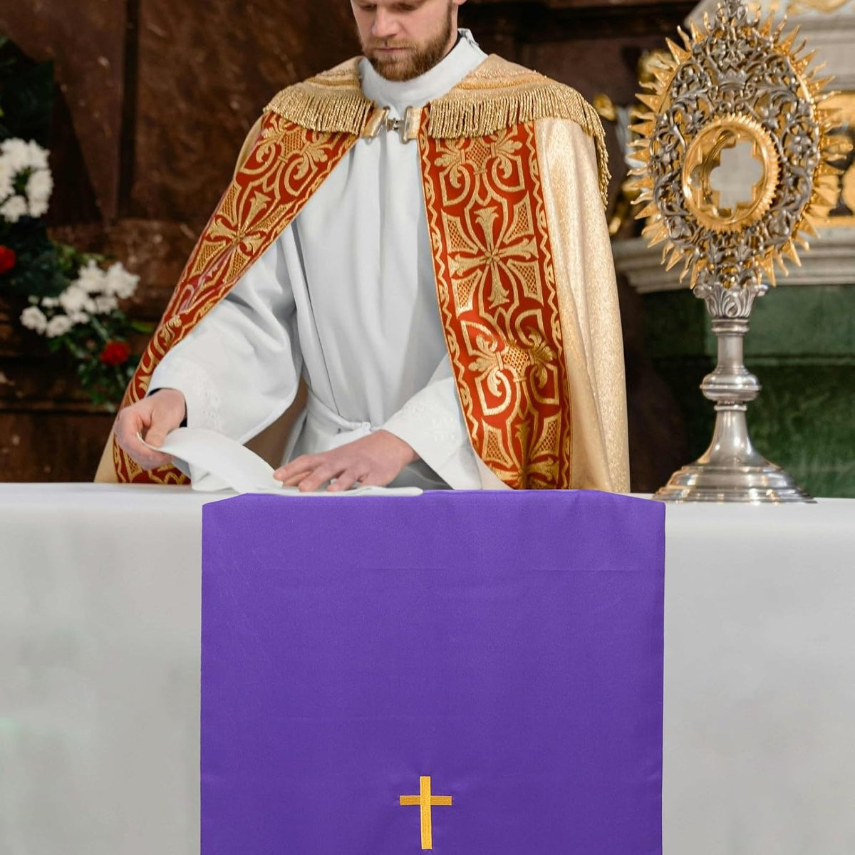 Reversible Church Altar Pulpit Cloth Set with Embroidered Cross