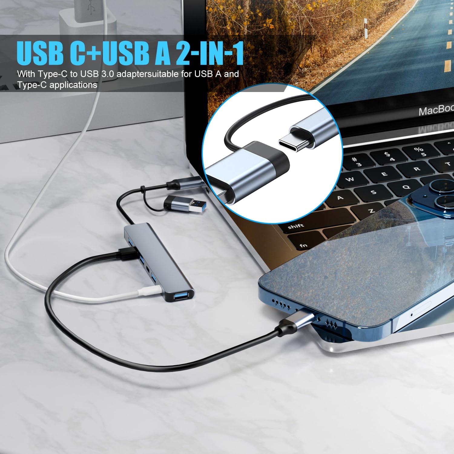 【Upgrade】 USB C/USB Hub, BERLAT Aluminum 7 in 1 USB C & USB Hub with USB 3.0, USB 2.0 Ports for PC/Laptops/MacBook