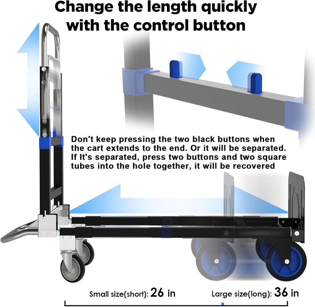 Black Convertible Hand Truck Dolly Cart with 4 Wheels Heavy Duty,500 Lbs Capacity, 2 Straps for Moving